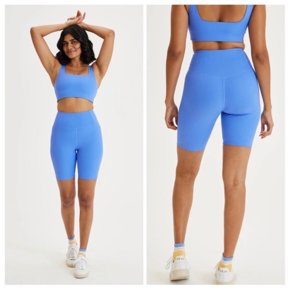 Girlfriend Collective High Rise Bike Shorts Ribbed Blue Daydream